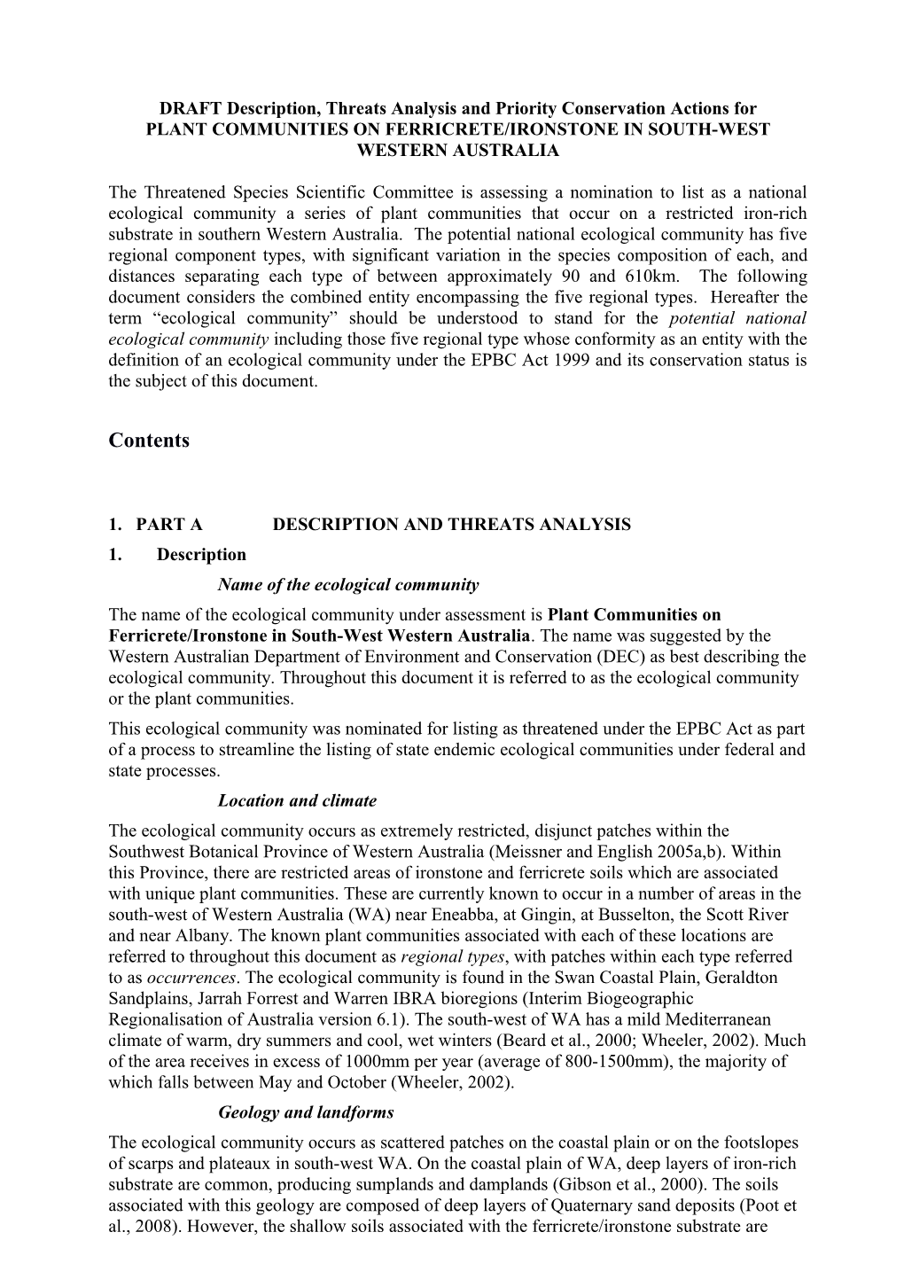 Draft Preliminary Description of Plant Communities on Ferricrete-Ironstone in South-West