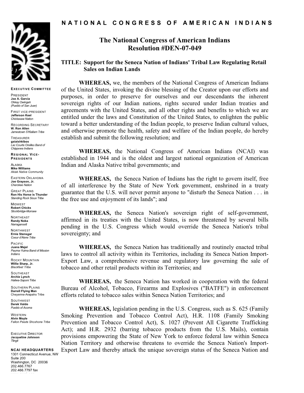 The National Congress of American Indians Resolution #DEN-07-049