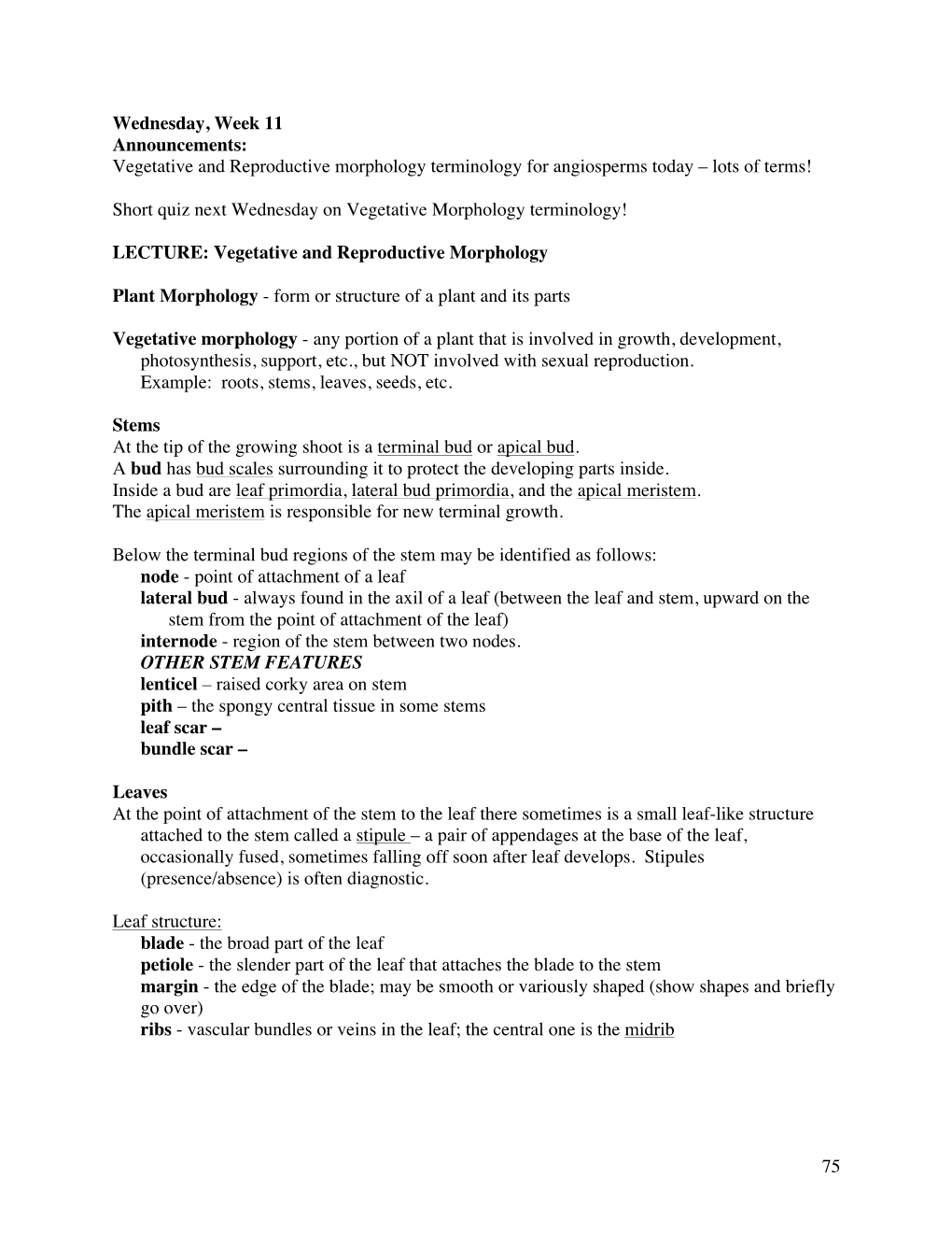 75 Wednesday, Week 11 Announcements: Vegetative and Reproductive Morphology Terminology for Angiosperms Today – Lots of Terms!