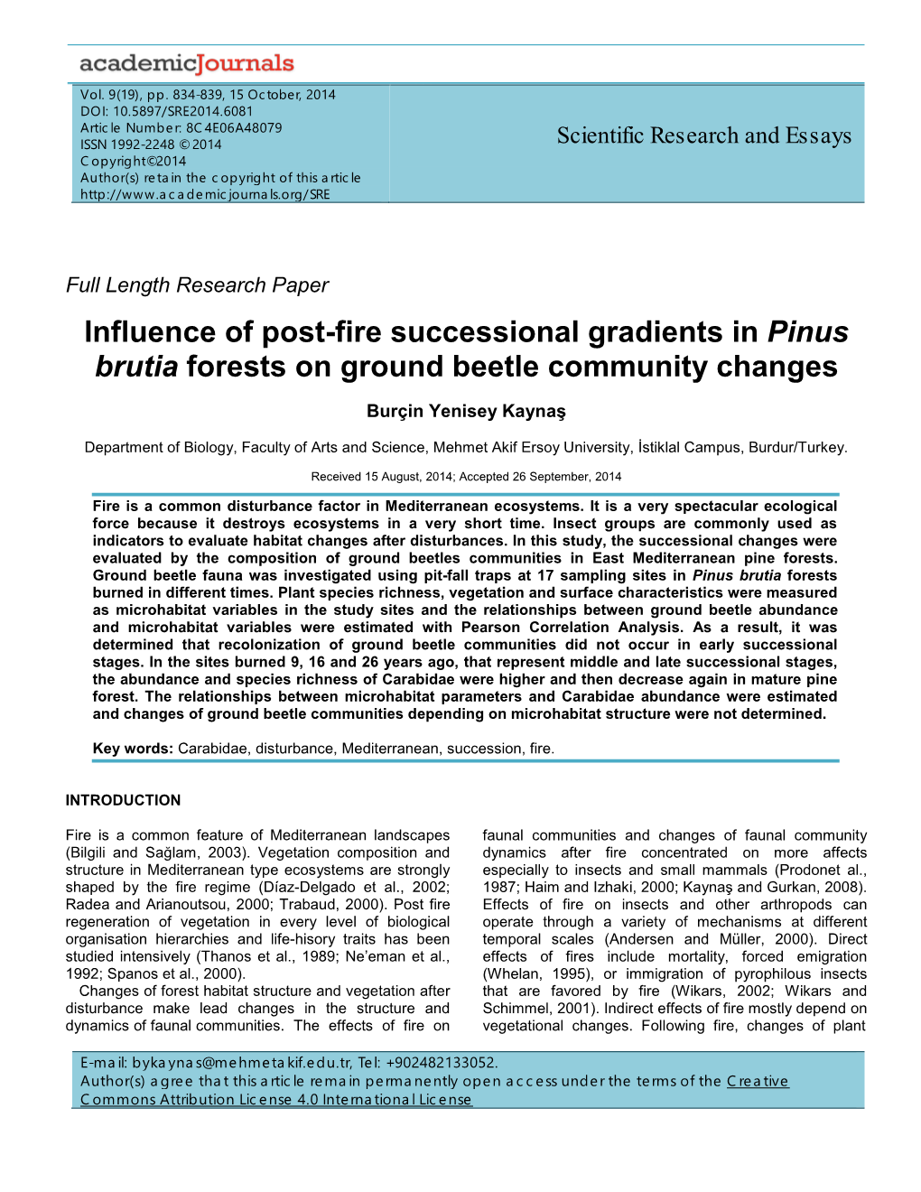 Influence of Post-Fire Successional Gradients in Pinus Brutia Forests on Ground Beetle Community Changes
