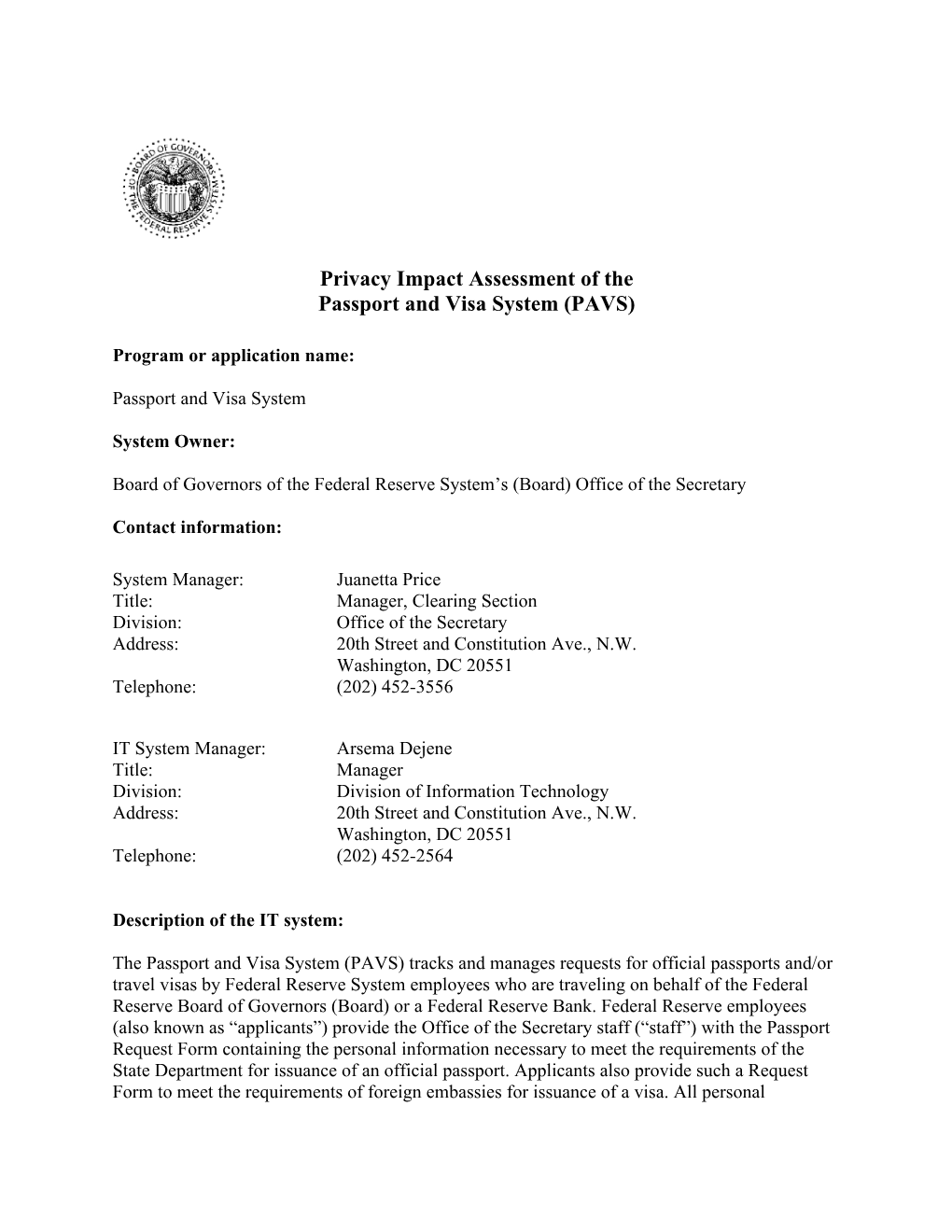 Passport and Visa System (PAVS)