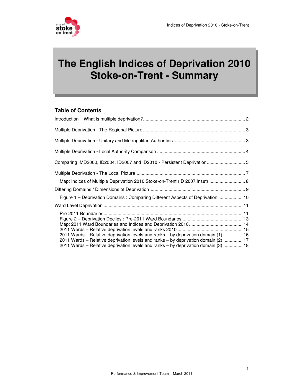 The English Indices of Deprivation 2010 Stoke-On-Trent