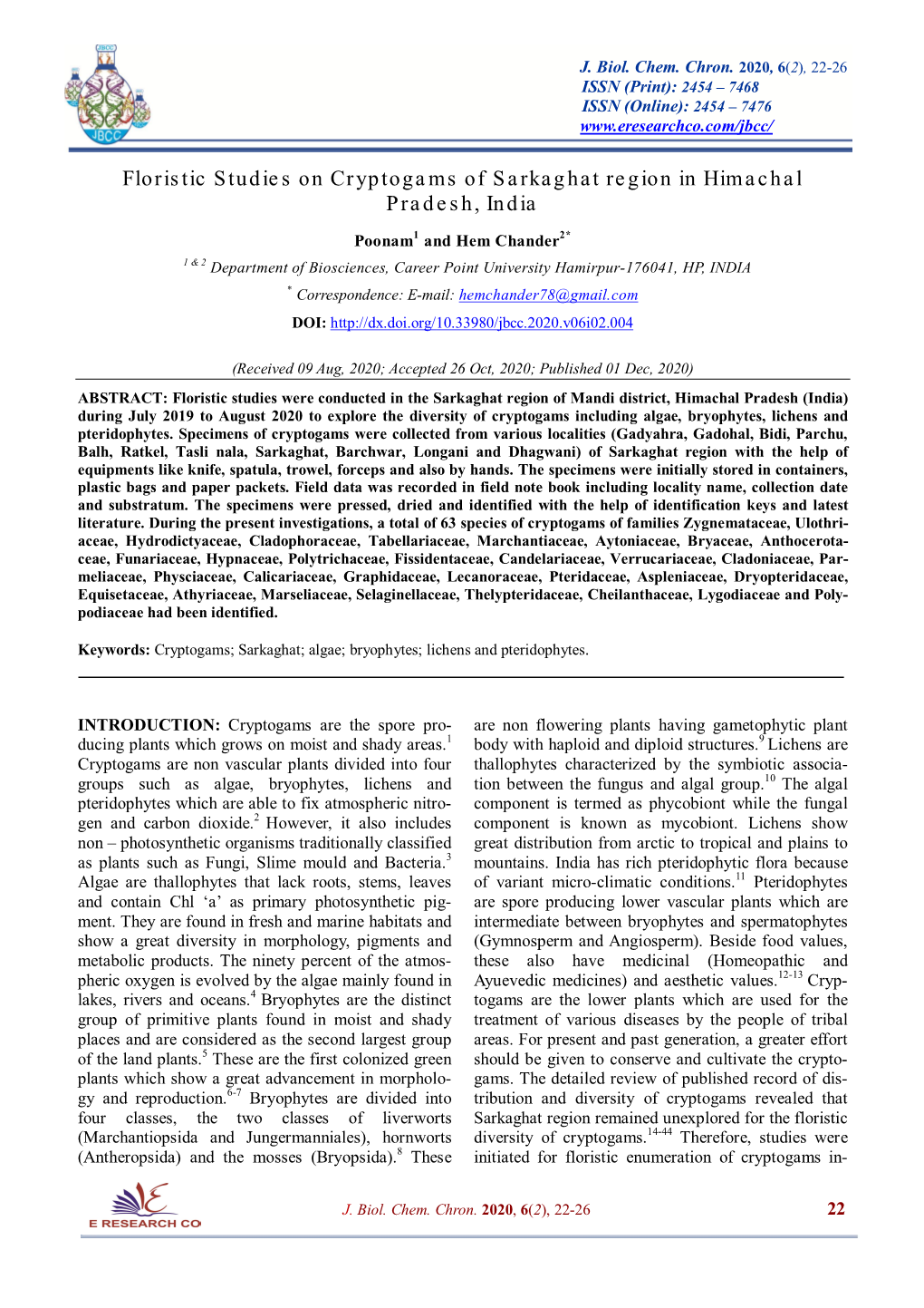 Floristic Studies on Cryptogams of Sarkaghat Region in Himachal Pradesh, India