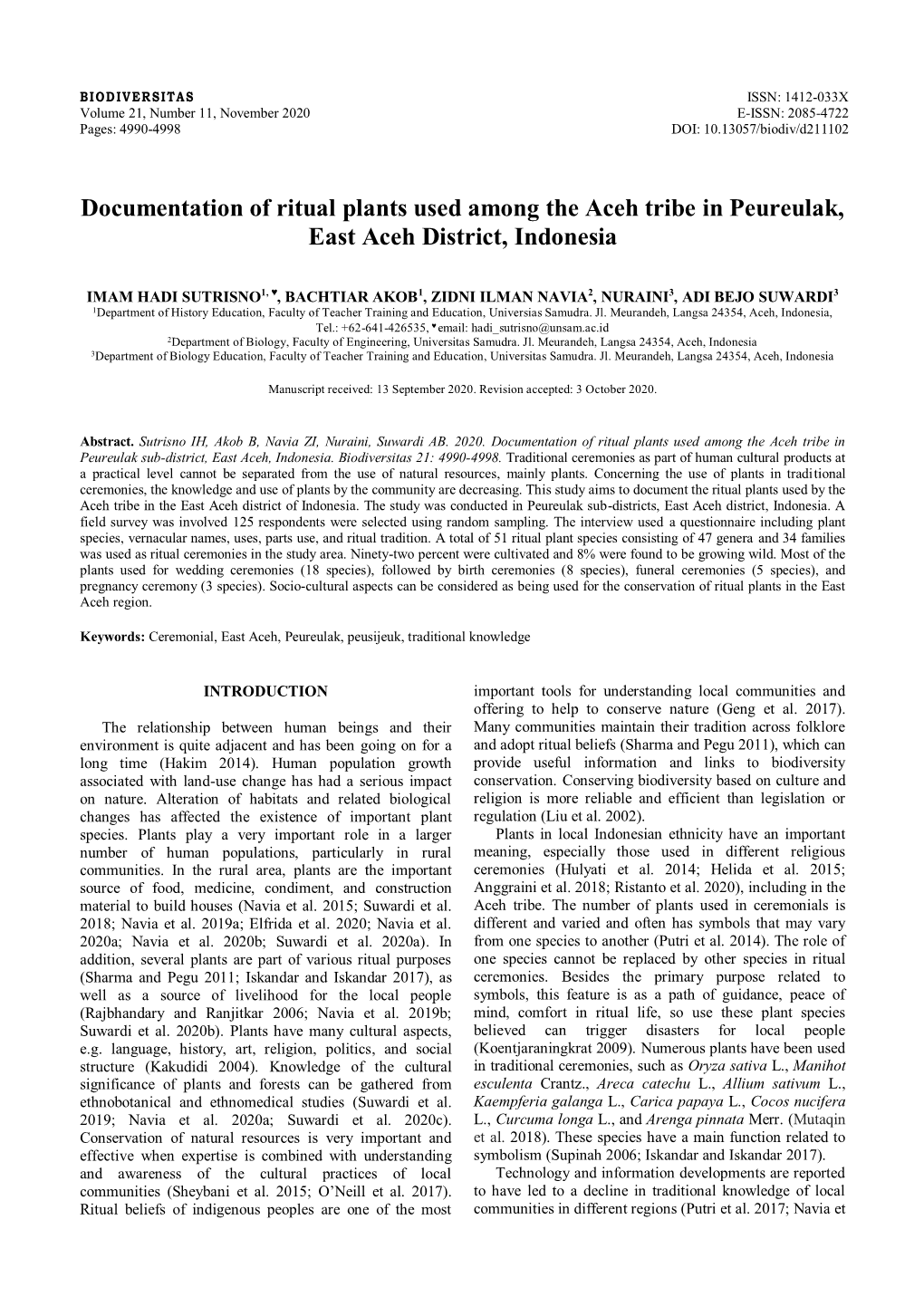 Documentation of Ritual Plants Used Among the Aceh Tribe in Peureulak, East Aceh District, Indonesia