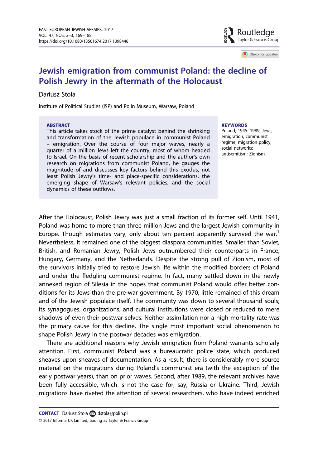 Jewish Emigration from Communist Poland: the Decline of Polish Jewry in the Aftermath of the Holocaust