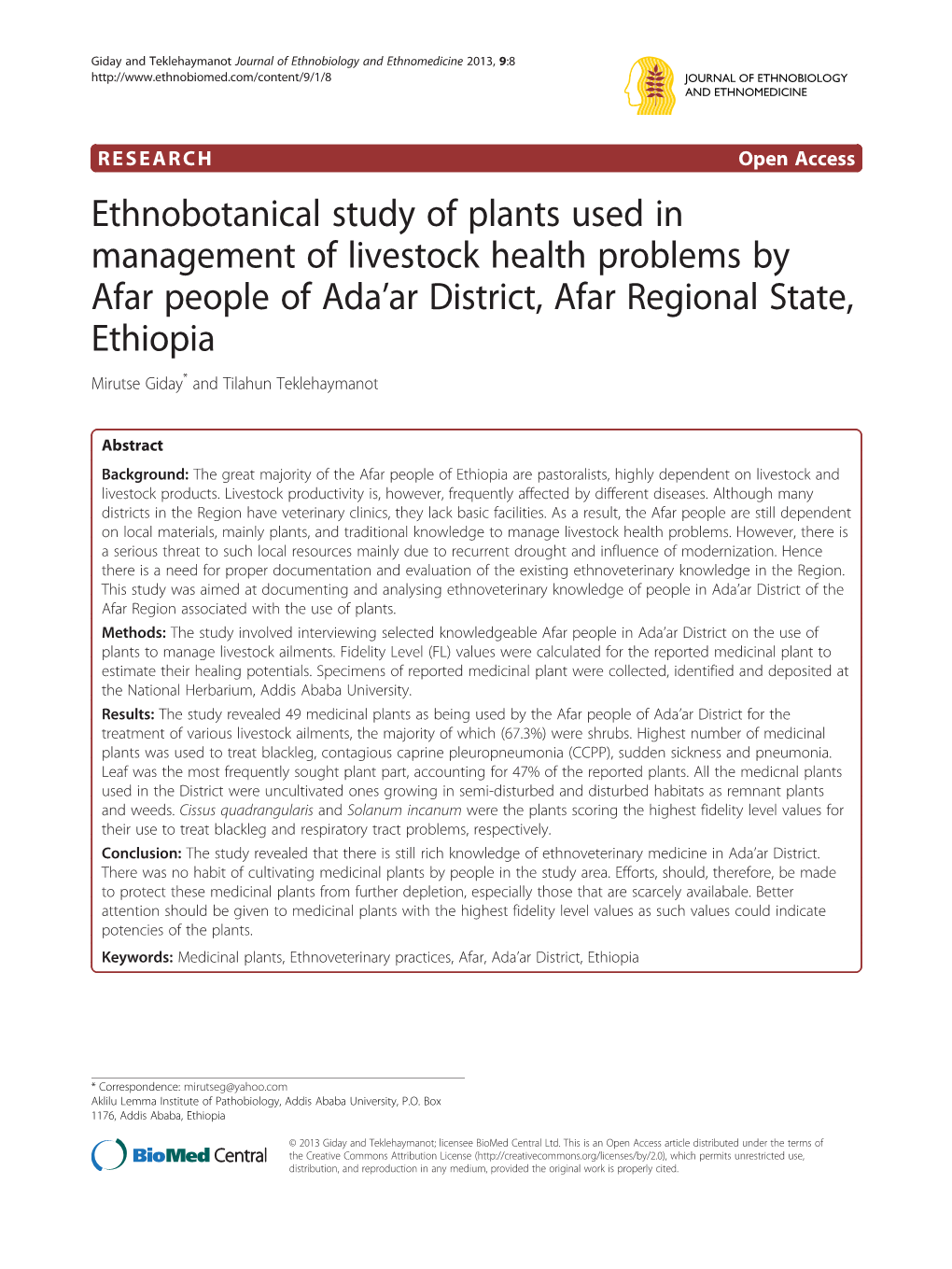 Ethnobotanical Study of Plants Used in Management of Livestock Health