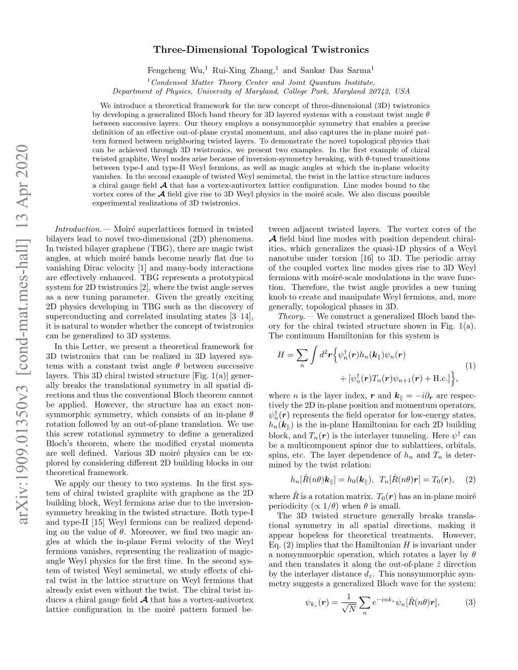 Arxiv:1909.01350V3 [Cond-Mat.Mes-Hall] 13 Apr 2020