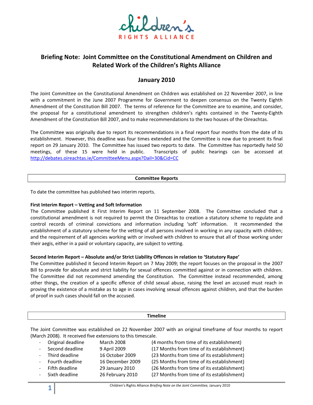 Briefing Note: Joint Committee on the Constitutional Amendment on Children and Related Work of the Children's Rights Alliance