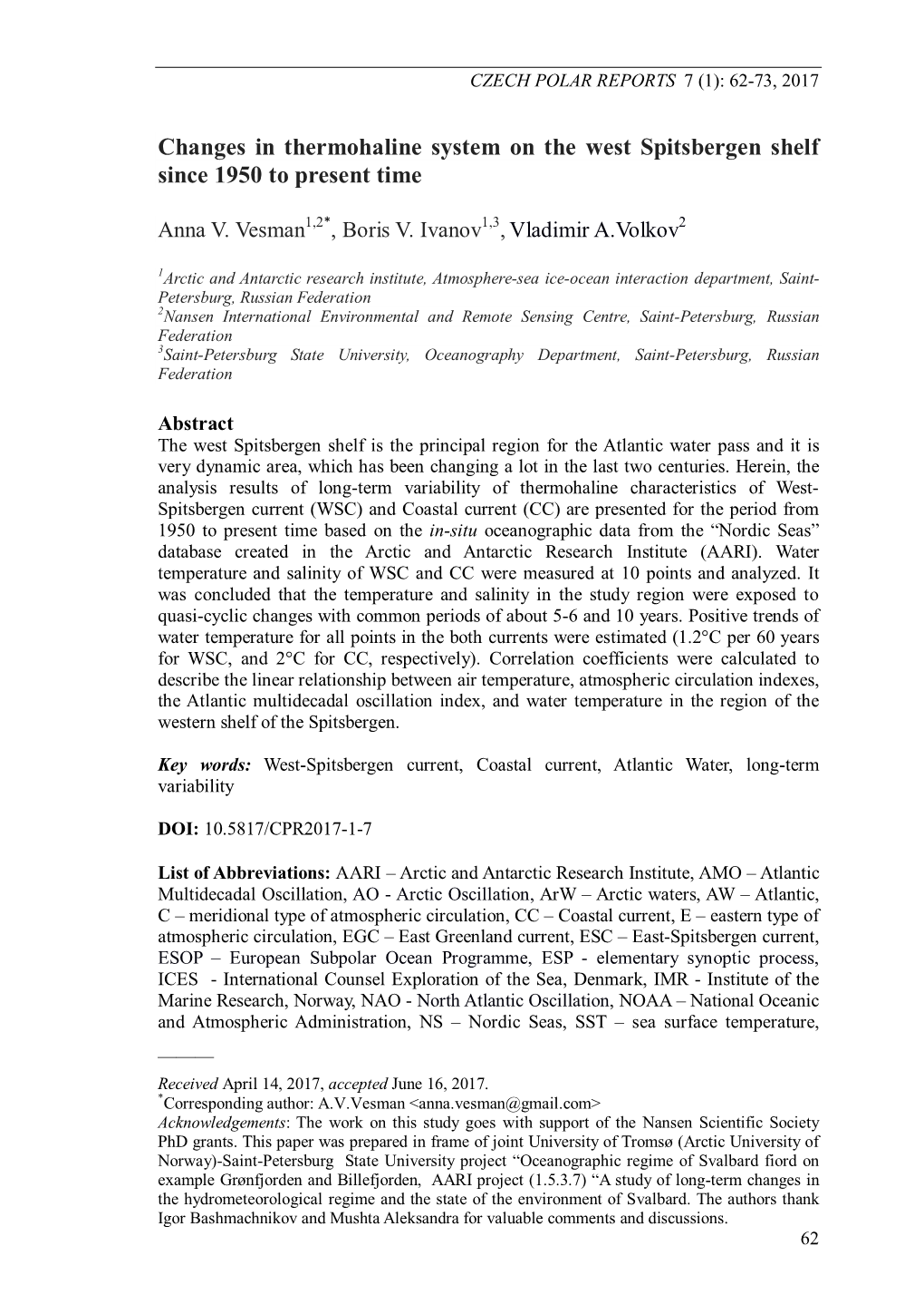 Changes in Thermohaline System on the West Spitsbergen Shelf Since 1950 to Present Time