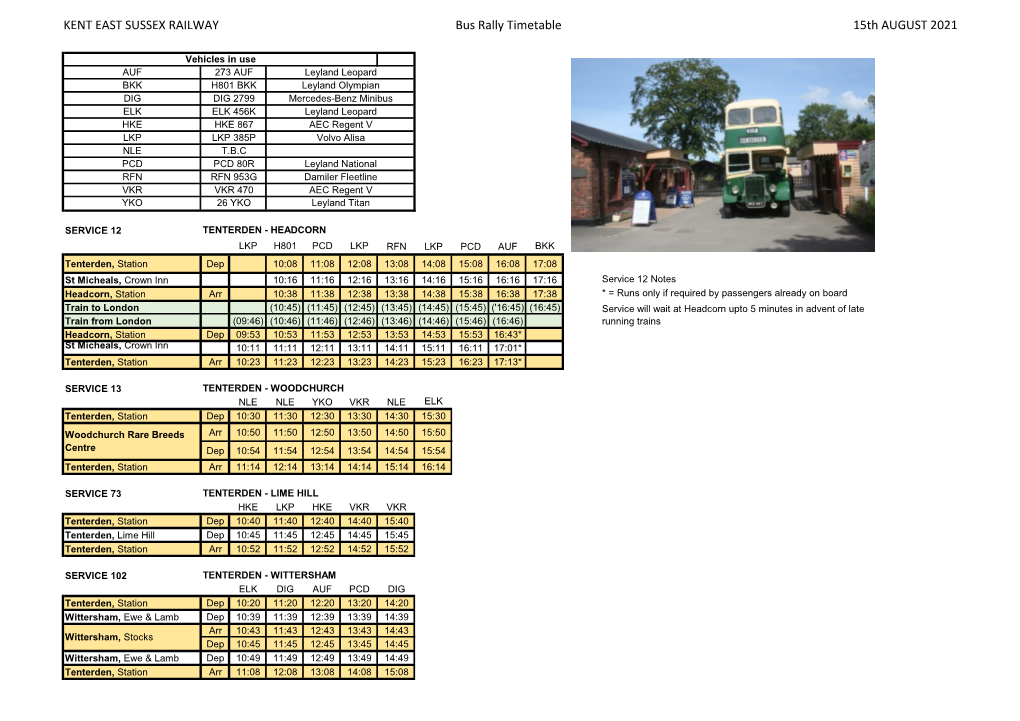 KENT EAST SUSSEX RAILWAY Bus Rally Timetable 15Th AUGUST 2021