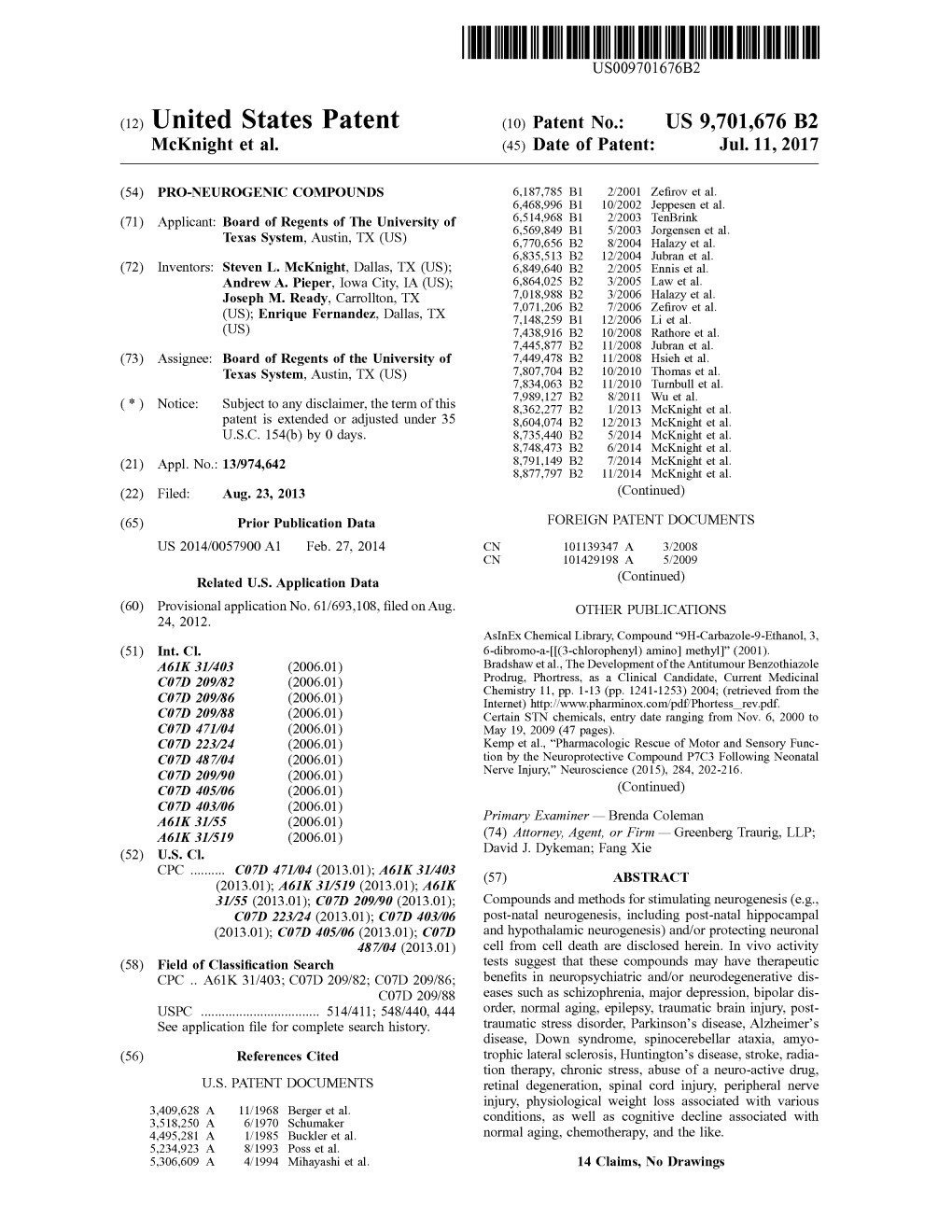 United States Patent (10) Patent No.: US 9,701,676 B2 Mcknight Et Al