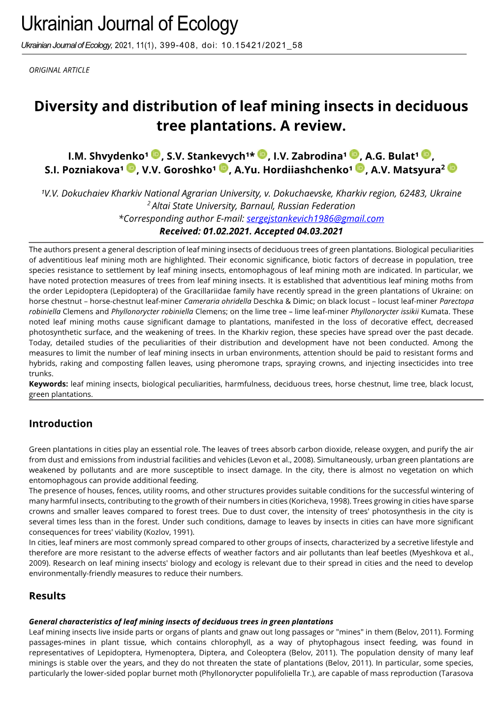 Diversity and Distribution of Leaf Mining Insects in Deciduous Tree Plantations