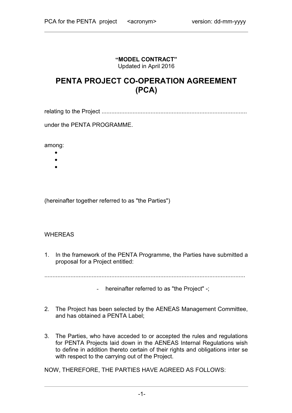 PCA for the PENTA Project <Acronym> Version: Dd-Mm-Yyyy