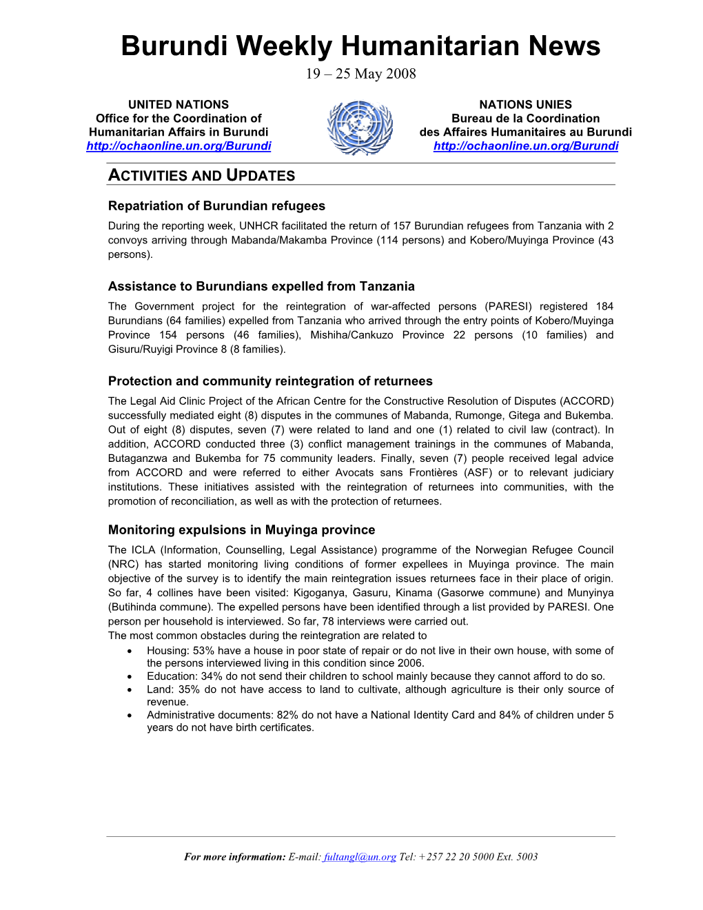 Burundi Weekly Humanitarian News 19 – 25 May 2008