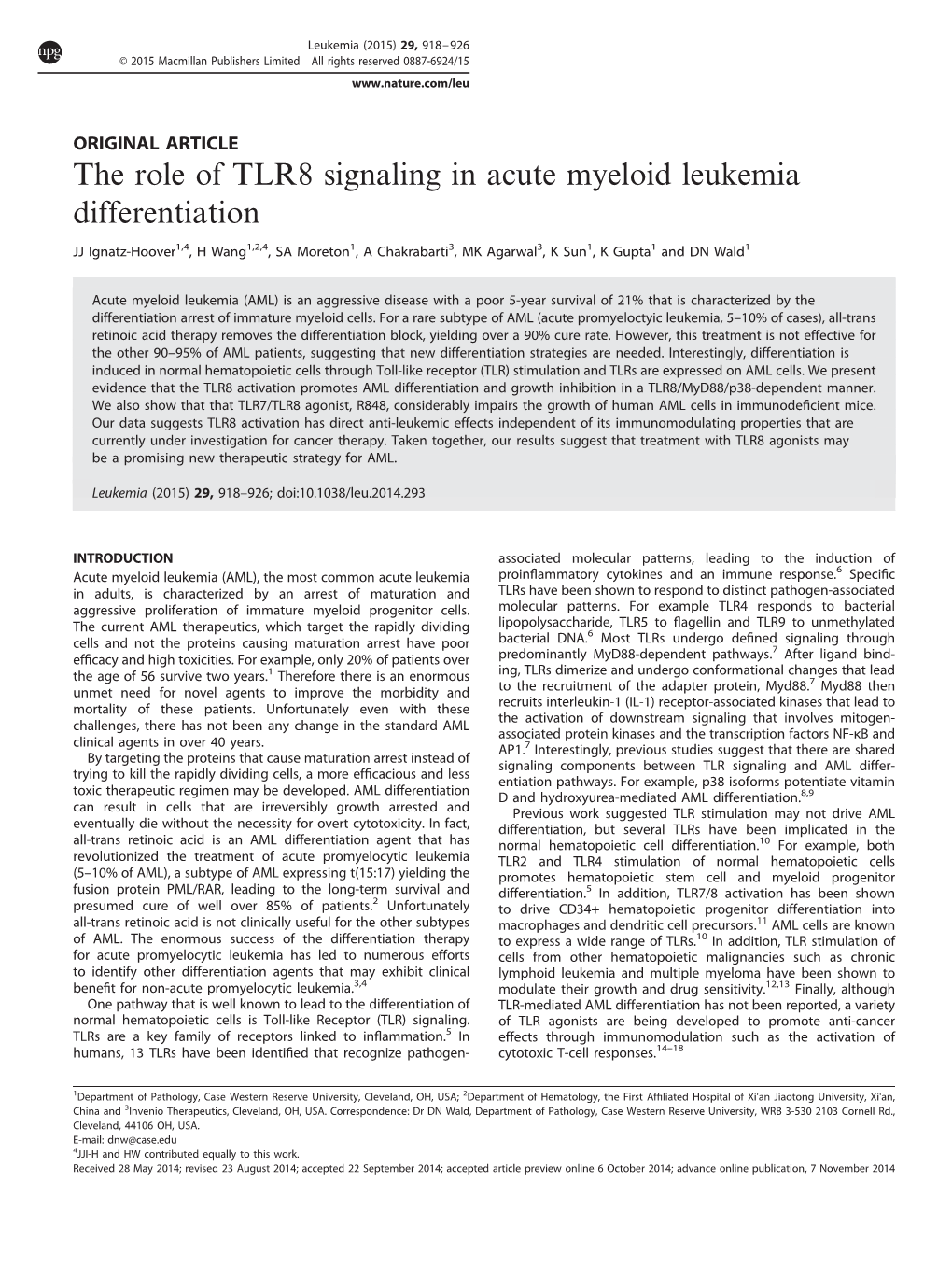 The Role of TLR8 Signaling in Acute Myeloid Leukemia Differentiation