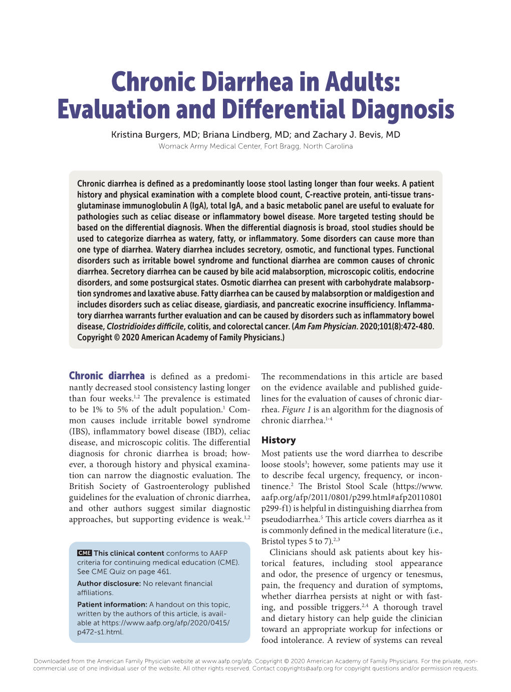 Chronic Diarrhea in Adults: Evaluation and Differential Diagnosis