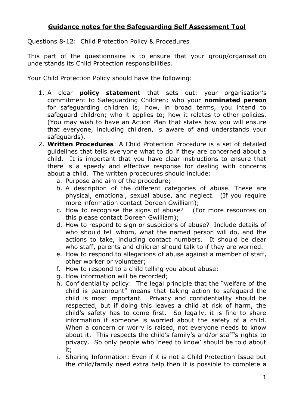 Guidance Notes for the Safeguarding Self Assessment Tool