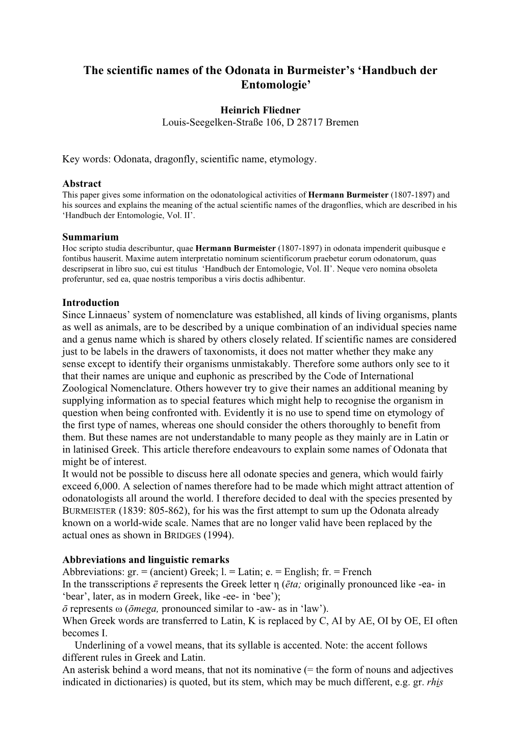 The Scientific Names of the Odonata in Burmeister's 'Handbuch Der