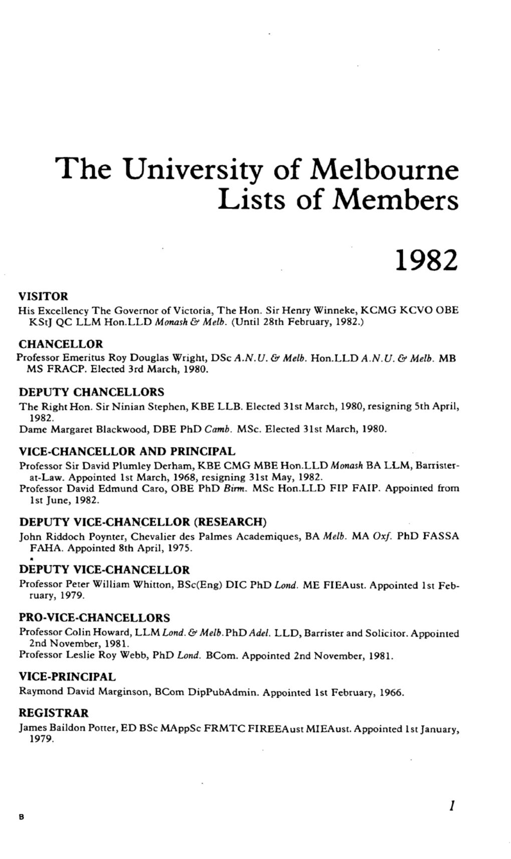 The University of Melbourne Lists of Members 1982