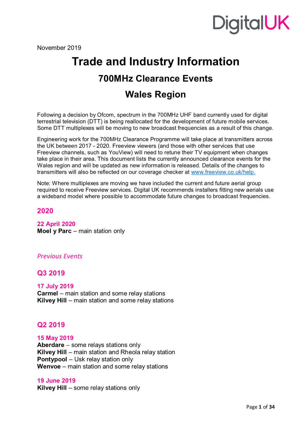 The WENVOE Transmitter Group, Serving Cardiff, Newport, and South East Wales Wenvoe - Further Changes to Occur on 19 June 2019