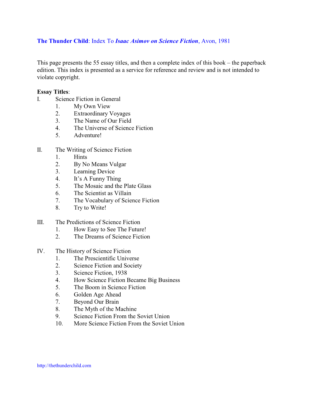 Index to Isaac Asimov on Science Fiction, Avon