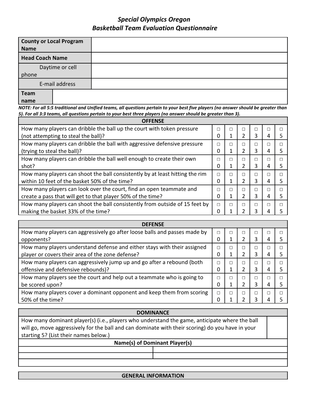 Basketball Team Evaluation Questionnaire