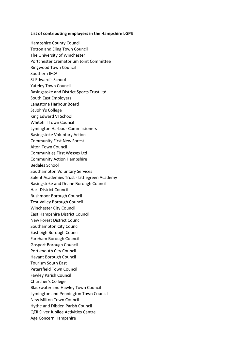 List of Contributing Employers in the Hampshire LGPS Hampshire County Council Totton and Eling Town Council the University of Wi