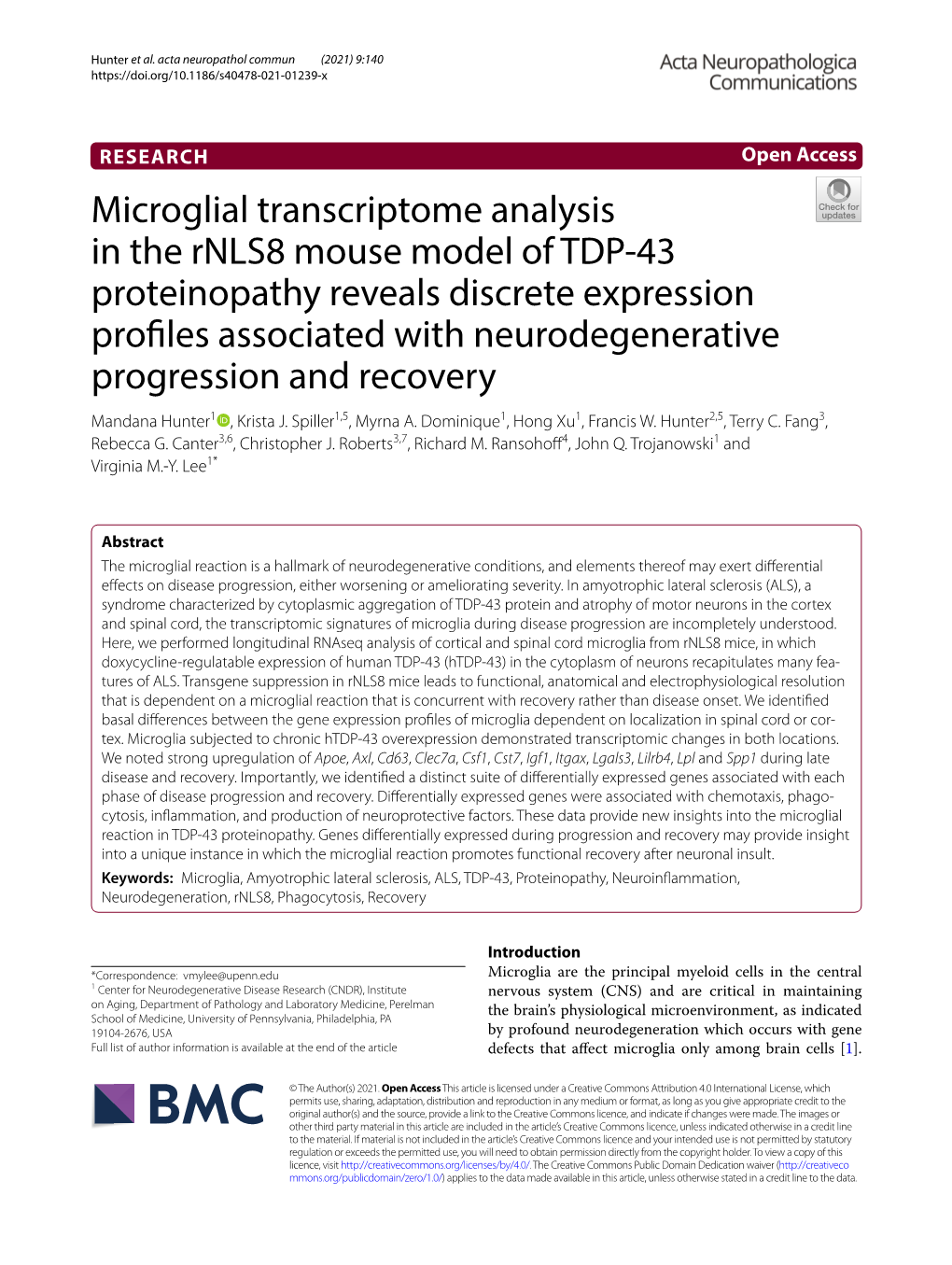 Microglial Transcriptome Analysis in the Rnls8 Mouse Model of TDP-43