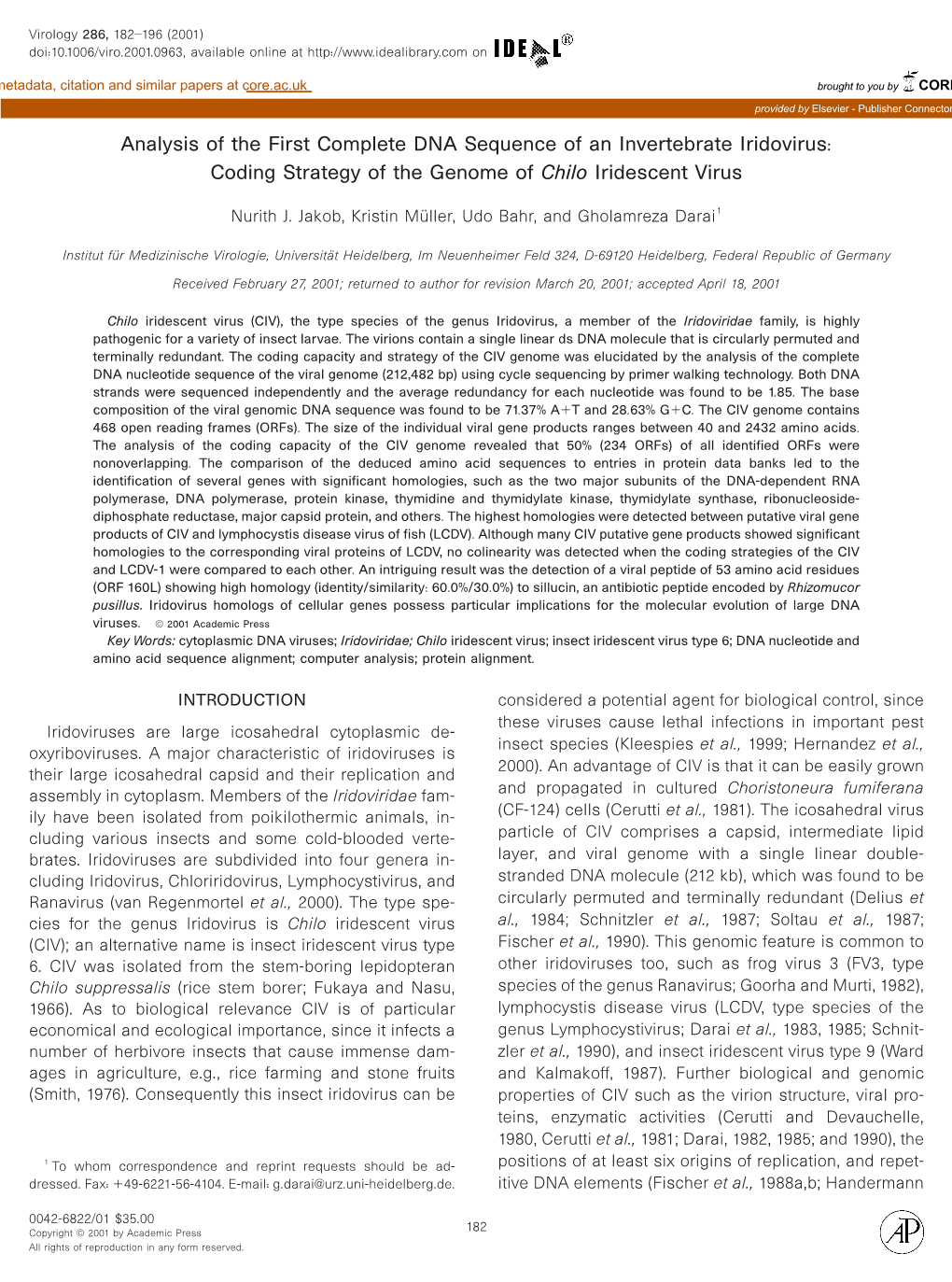 Coding Strategy of the Genome of Chilo Iridescent Virus