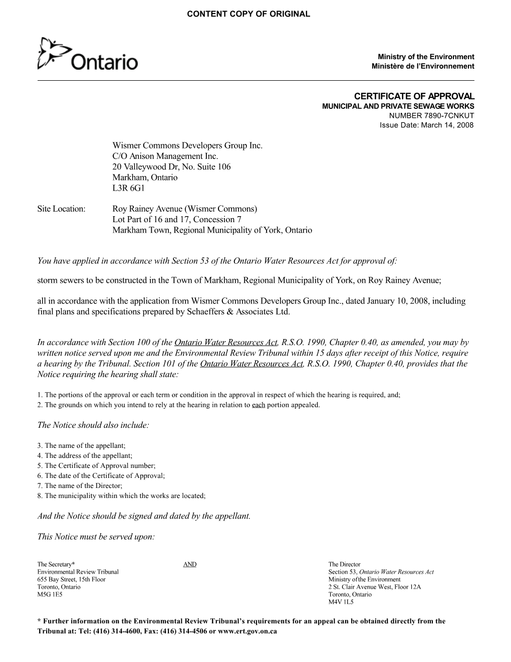CERTIFICATE of APPROVAL Wismer Commons Developers Group Inc