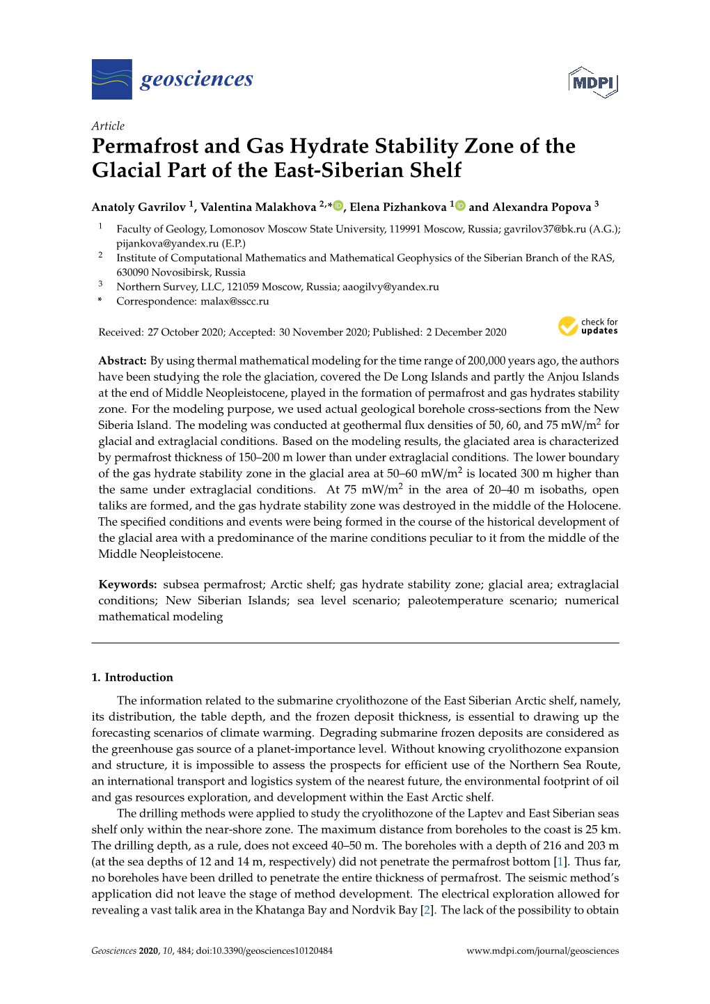 Permafrost and Gas Hydrate Stability Zone of the Glacial Part of the East-Siberian Shelf