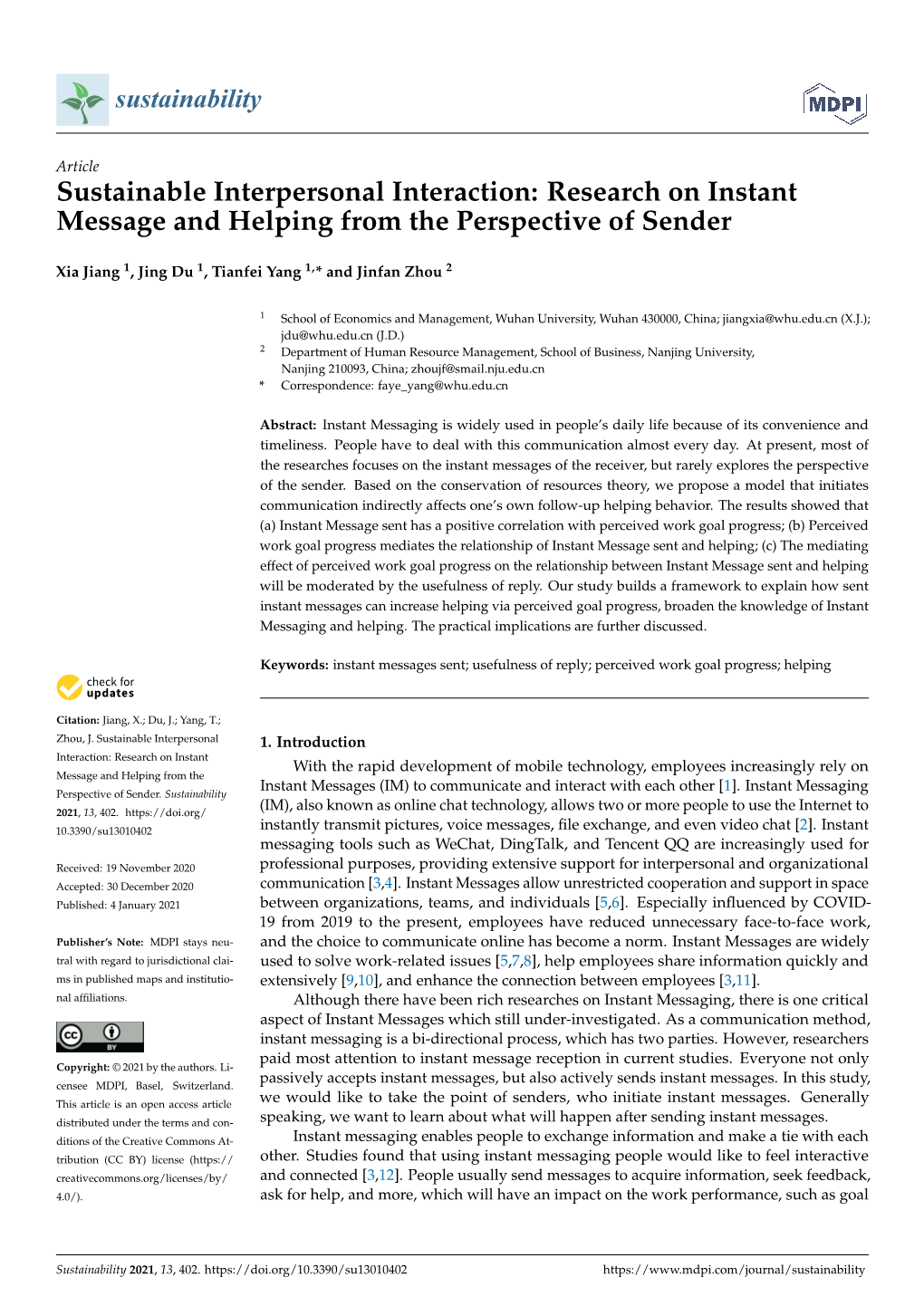 Sustainable Interpersonal Interaction: Research on Instant Message and Helping from the Perspective of Sender