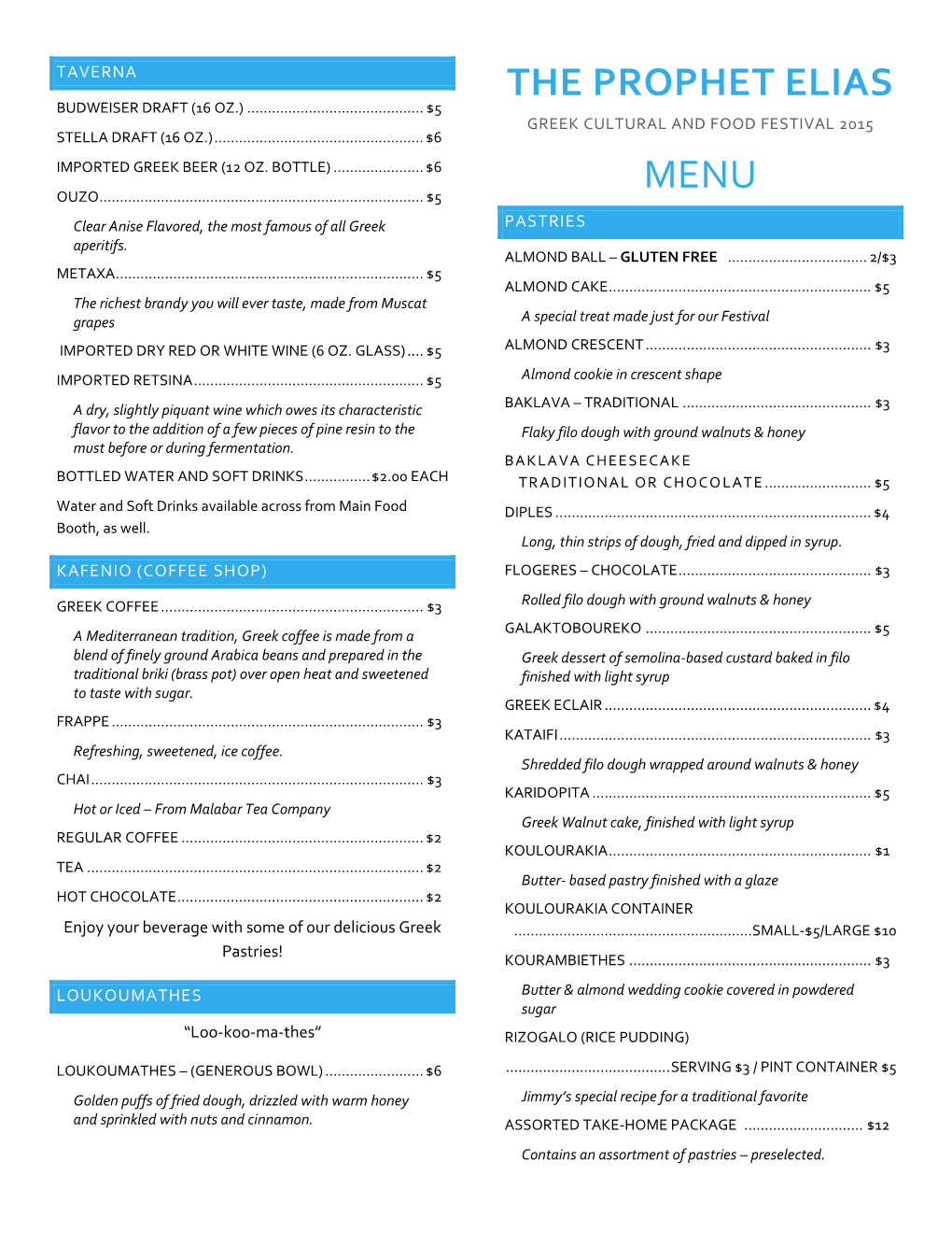 The Prophet Elias Menu