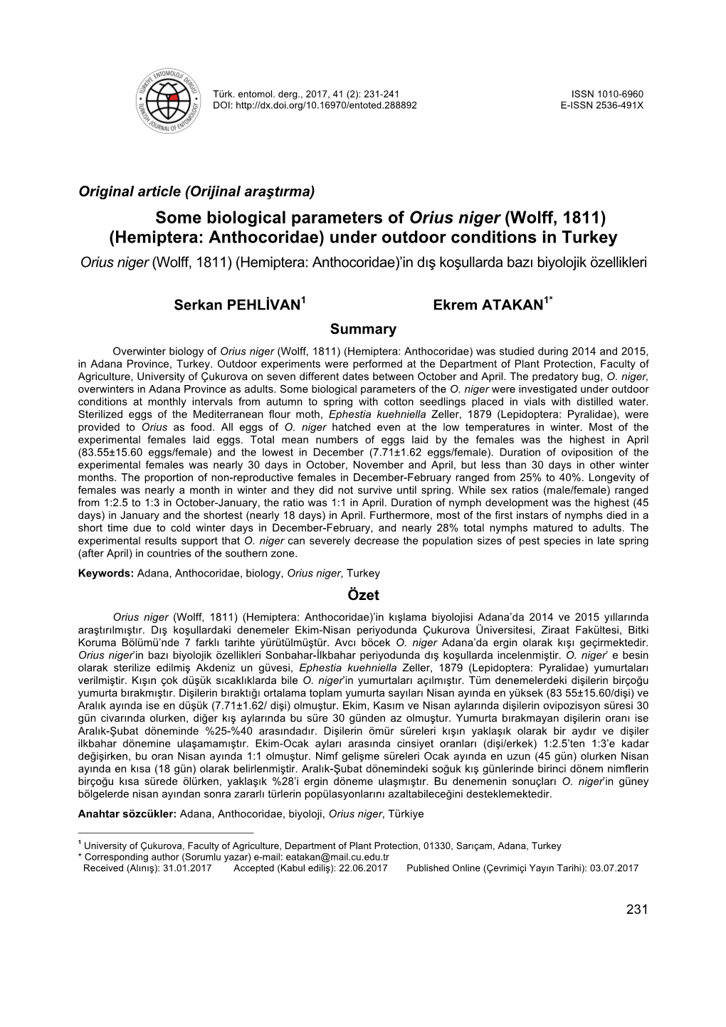 Some Biological Parameters of Orius Niger (Wolff, 1811) (Hemiptera