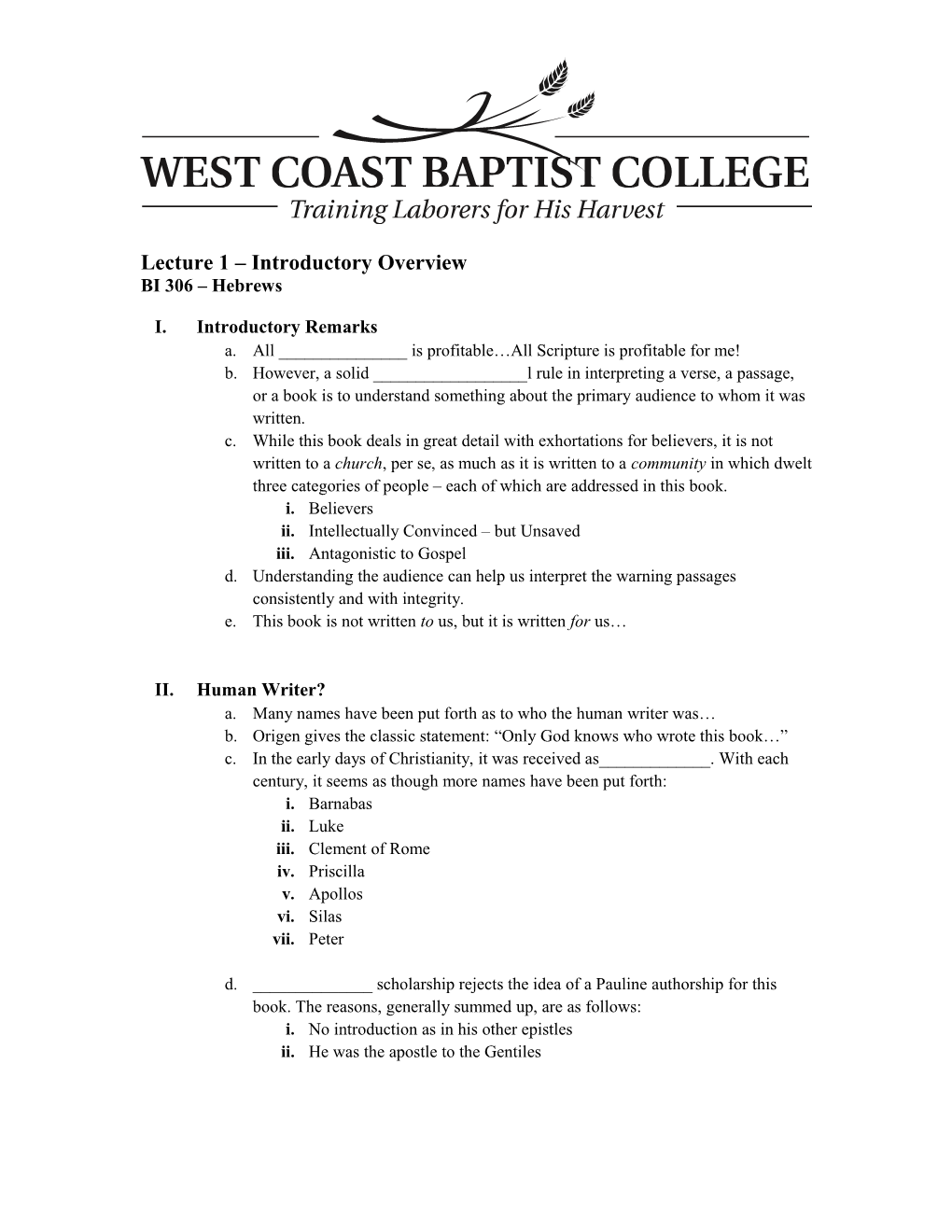 BI 306 Hebrews - Understanding the Superiority of Christ