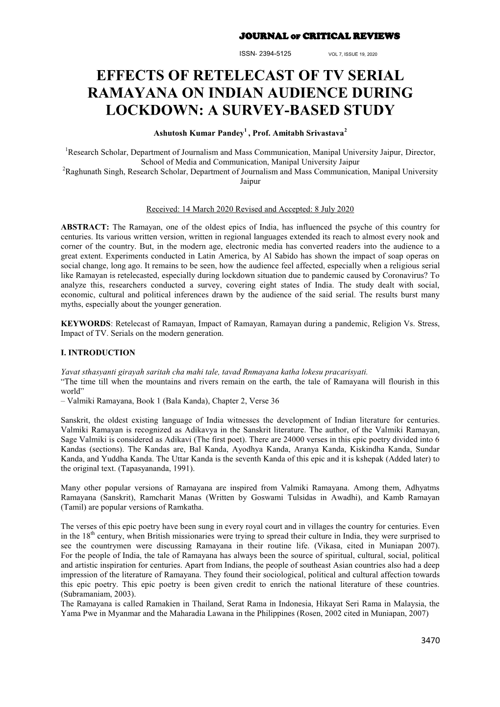 Effects of Retelecast of Tv Serial Ramayana on Indian Audience During Lockdown: a Survey-Based Study