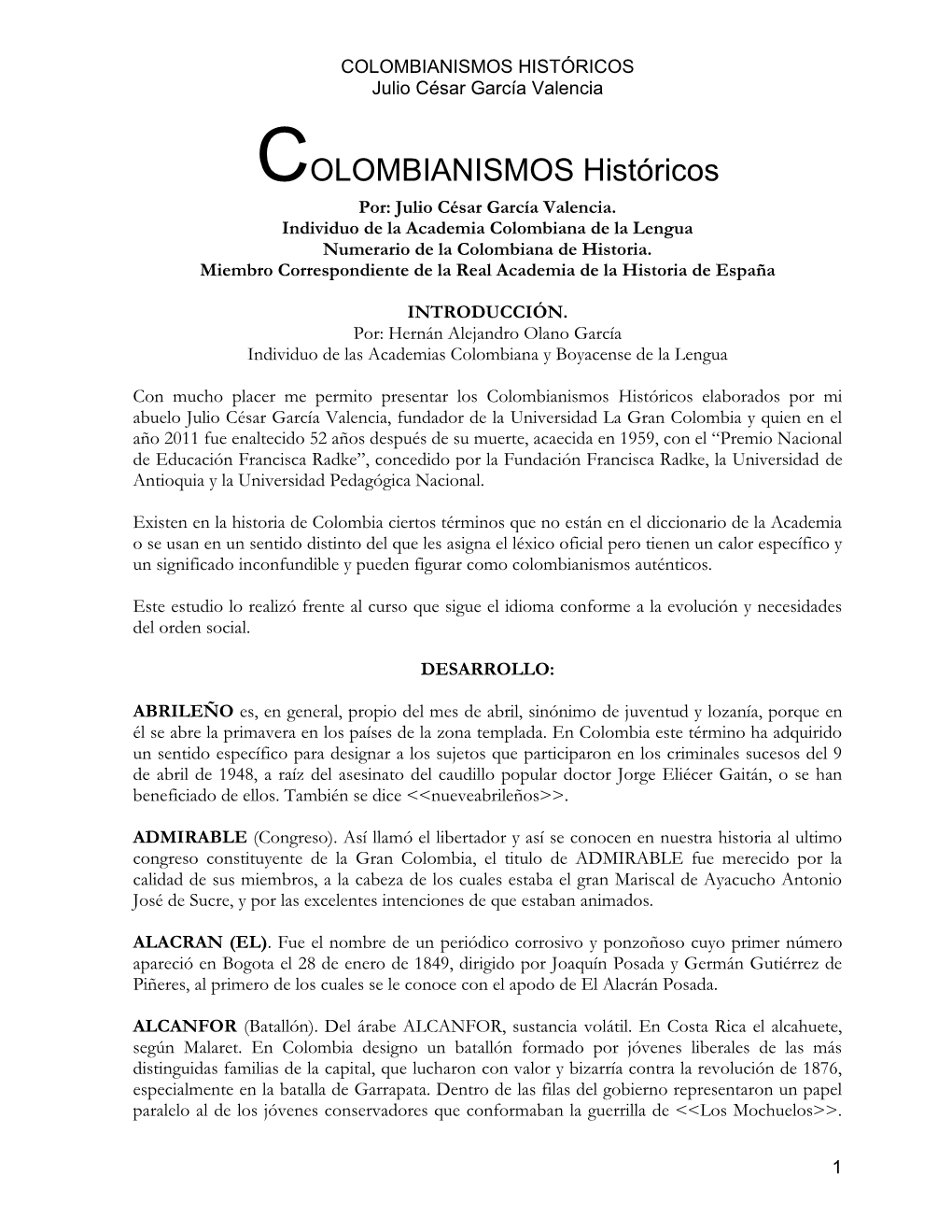 COLOMBIANISMOS HISTÓRICOS Julio César García Valencia