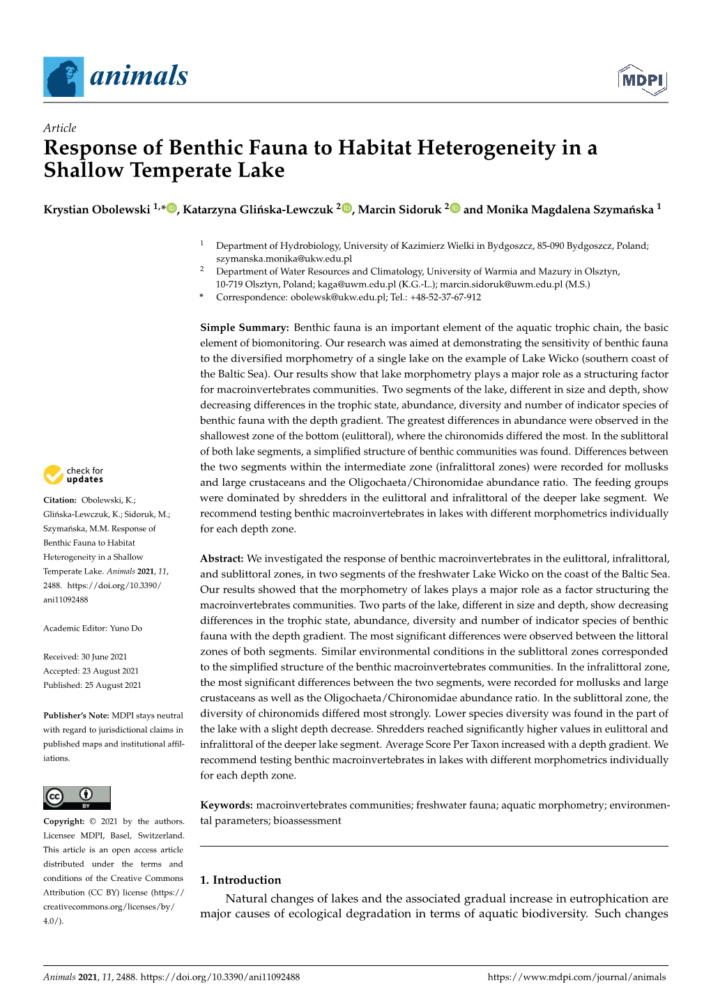 Response of Benthic Fauna to Habitat Heterogeneity in a Shallow Temperate Lake