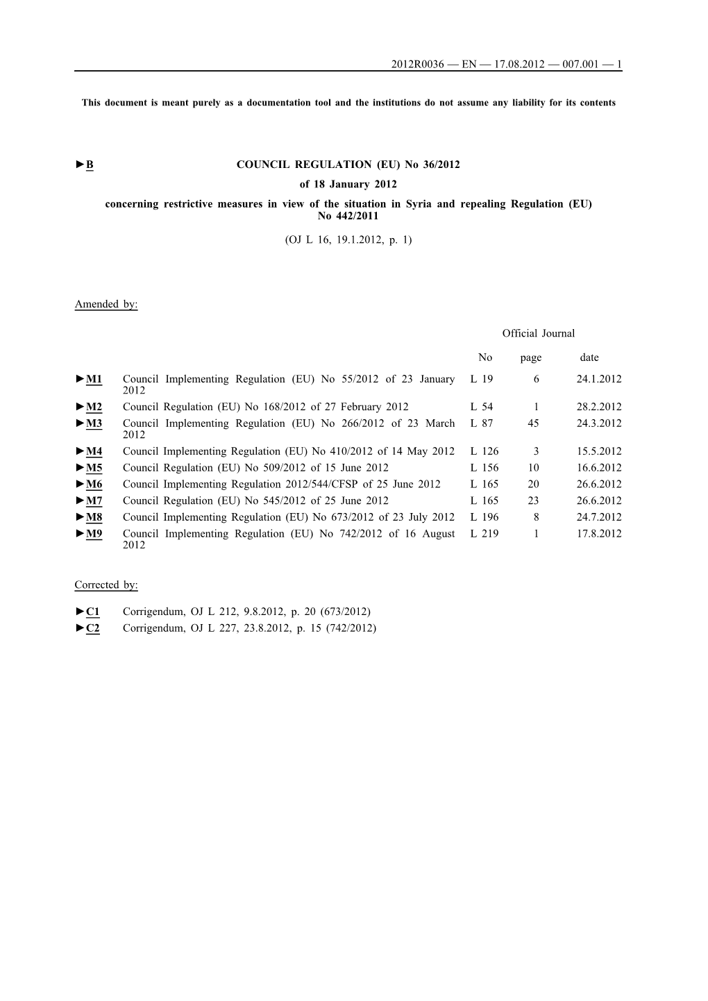 B COUNCIL REGULATION (EU) No 36/2012 of 18 January 2012 Concerning Restrictive Measures in View of the Situation in Syria and Repealing Regulation (EU) No 442/2011