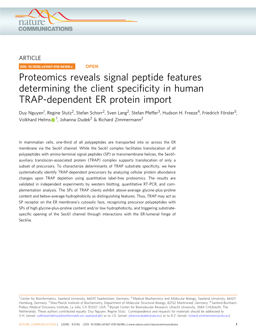 Proteomics Reveals Signal Peptide Features Determining the Client Speciﬁcity in Human TRAP-Dependent ER Protein Import