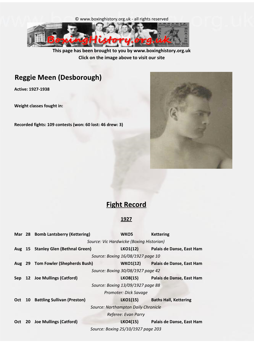 Fight Record Reggie Meen (Desborough)