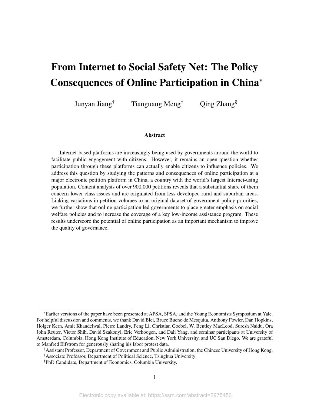 From Internet to Social Safety Net: the Policy Consequences of Online Participation in China∗