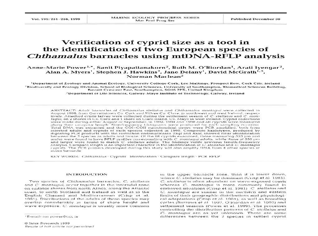 Verification of Cyprid Size As a Tool in the Identification of Two European Species of Chthamalus Barnacles Using Mtdna-RFLP Analysis