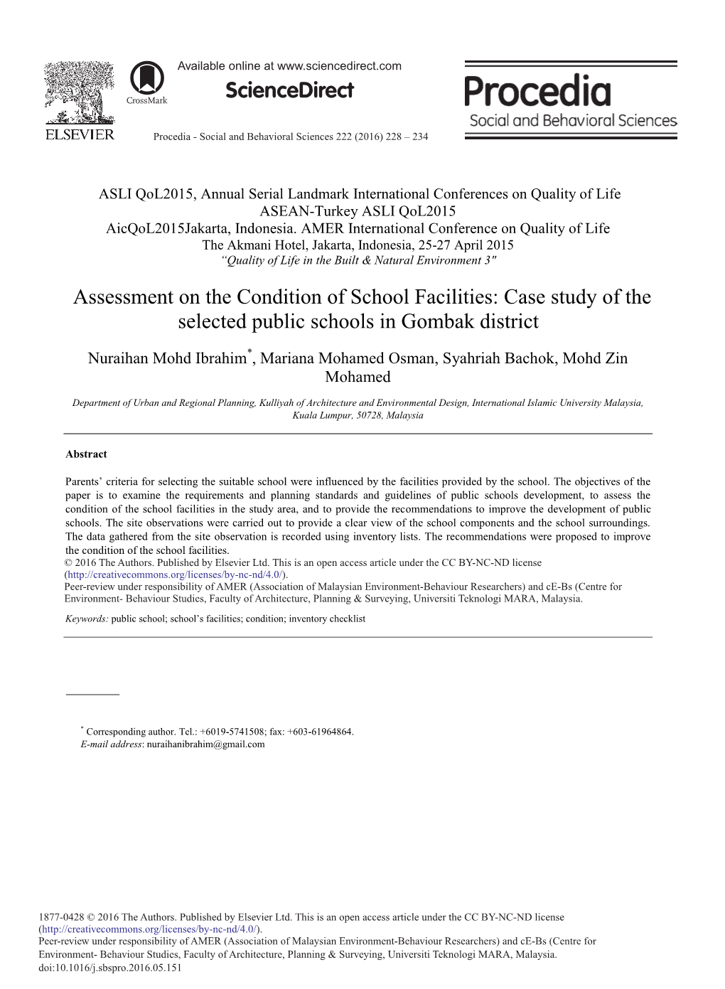 Assessment on the Condition of School Facilities: Case Study of the Selected Public Schools in Gombak District