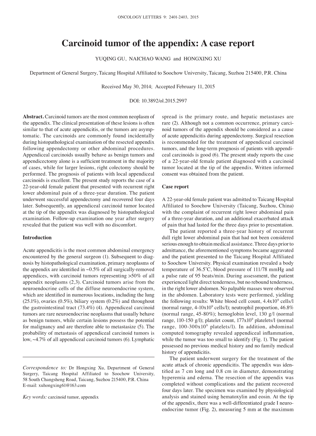 Carcinoid Tumor of the Appendix: a Case Report