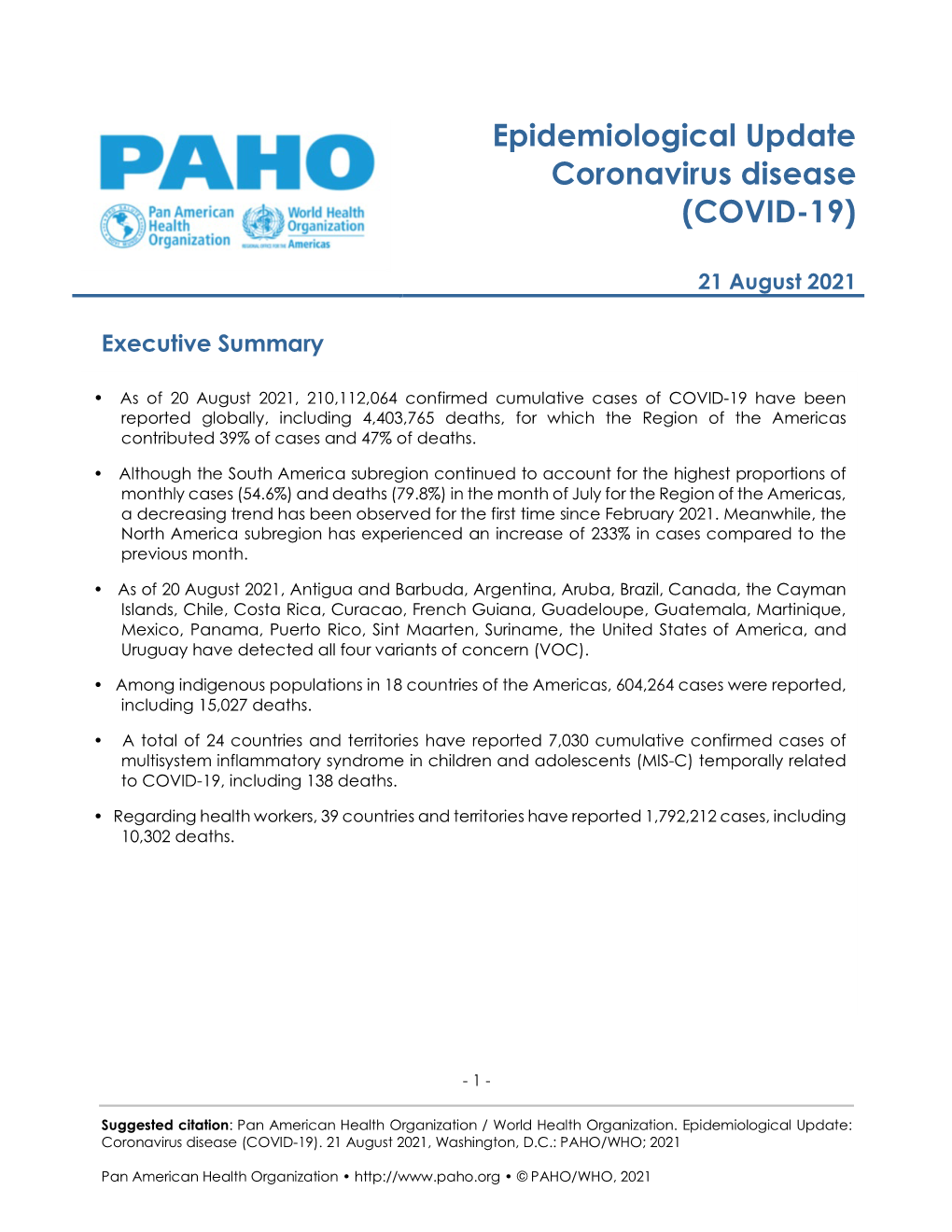 Epidemiological Update Coronavirus Disease (COVID-19)