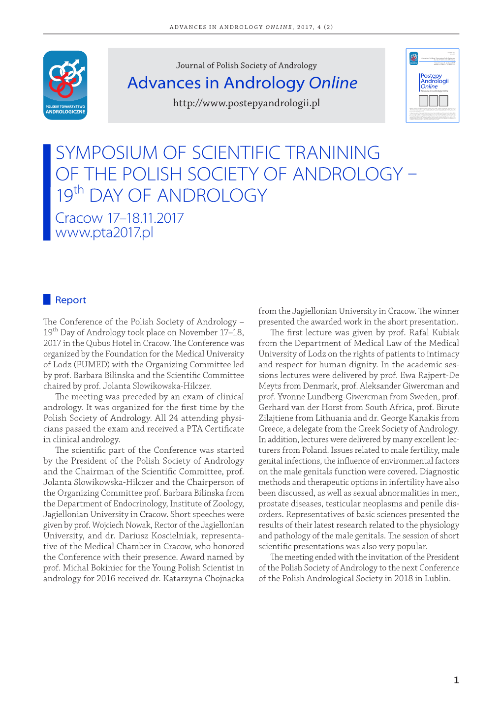 SYMPOSIUM of SCIENTIFIC TRANINING of the POLISH SOCIETY of ANDROLOGY – 19Th DAY of ANDROLOGY
