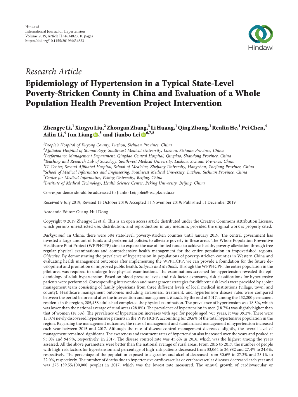 Epidemiology of Hypertension in a Typical State-Level Poverty-Stricken County in China and Evaluation of a Whole Population Health Prevention Project Intervention