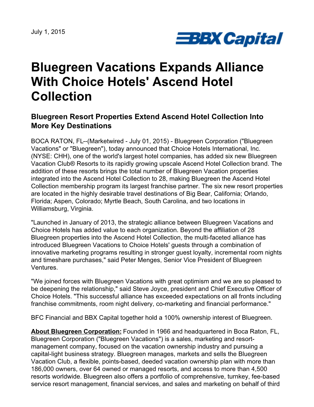 Bluegreen Vacations Expands Alliance with Choice Hotels' Ascend Hotel Collection