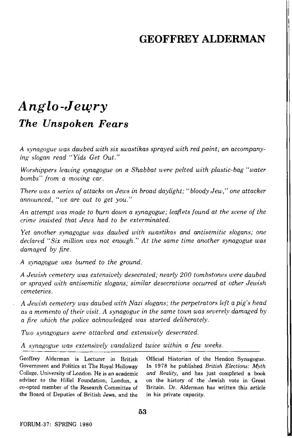 Anglo-Jewry the Unspoken Fears